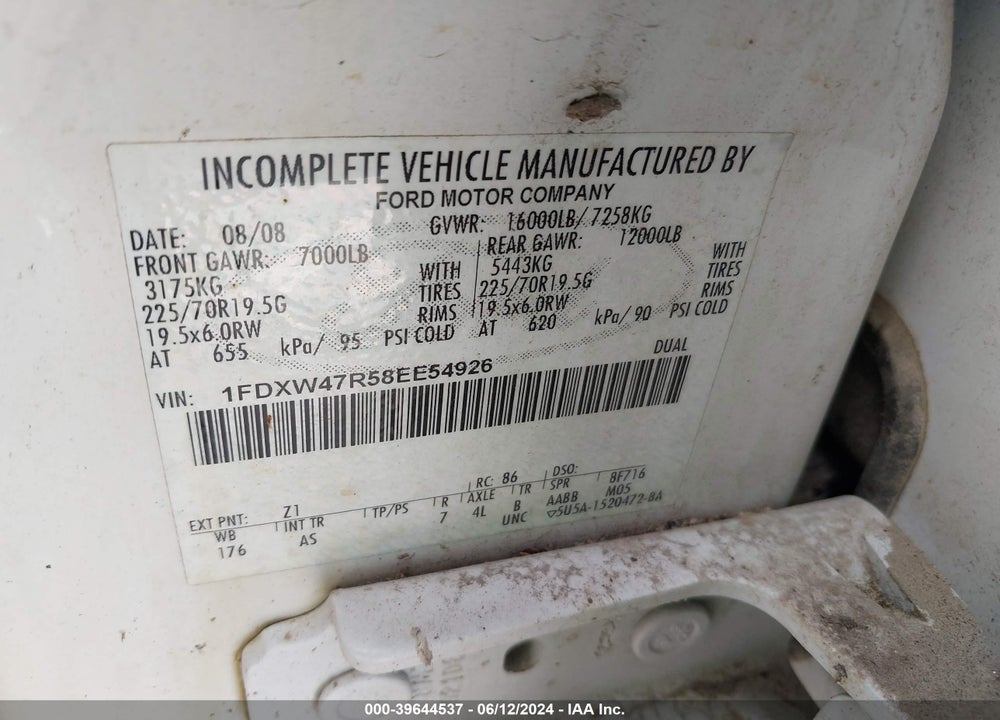 2008 FORD F-450 CHASSIS LARIAT/XL/XLT VIN: 1FDXW47R58EE54926