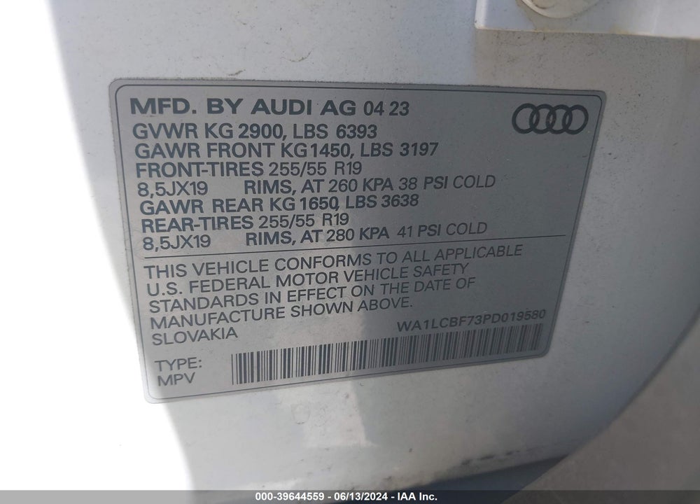 2023 AUDI Q7 PREMIUM PLUS 45 TFSI QUATTRO TIPTRONIC VIN: WA1LCBF73PD019580