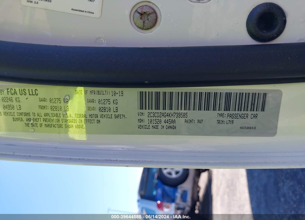 2019 DODGE CHALLENGER SXT VIN: 2C3CDZAG4KH739585