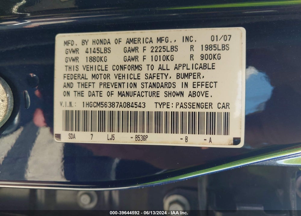 2007 HONDA ACCORD 2.4 SE VIN: 1HGCM56387A084543