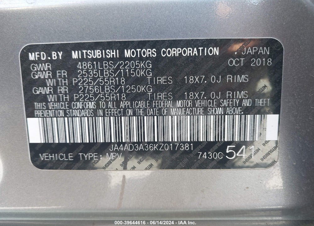 2019 MITSUBISHI OUTLANDER SE VIN: JA4AD3A36KZ017381