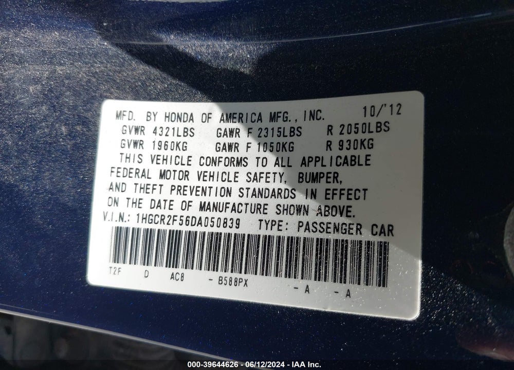2013 HONDA ACCORD SPORT VIN: 1HGCR2F56DA050839