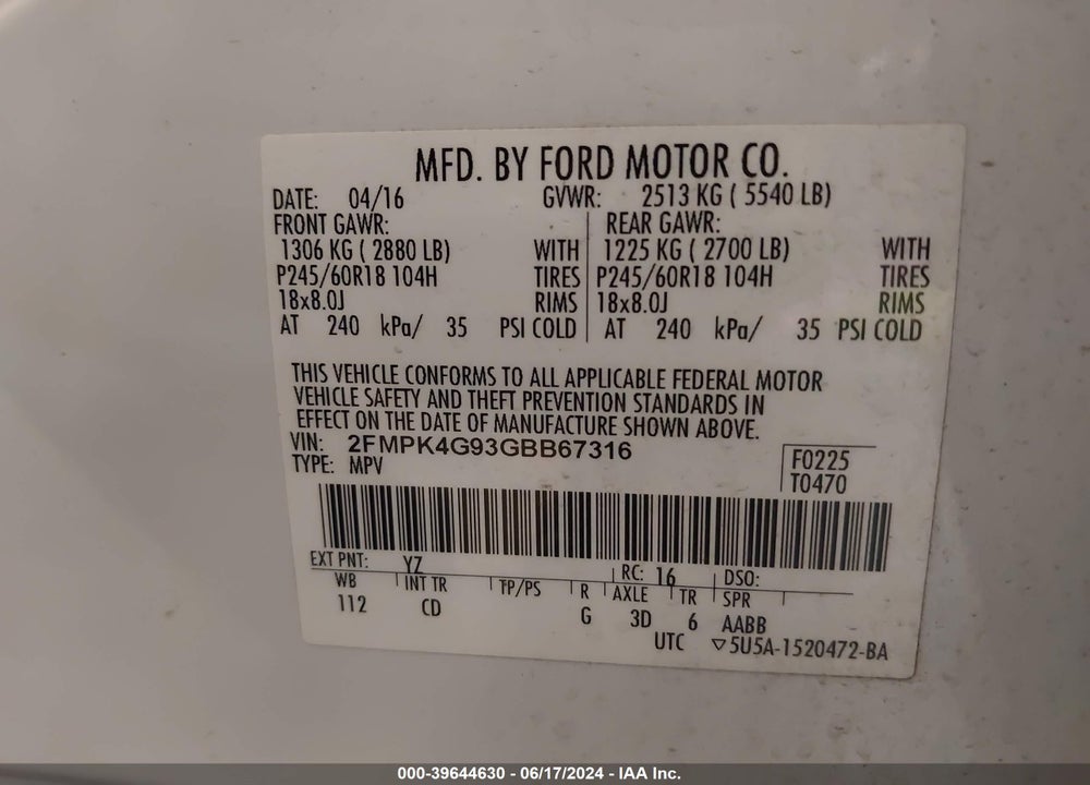 2016 FORD EDGE SE VIN: 2FMPK4G93GBB67316