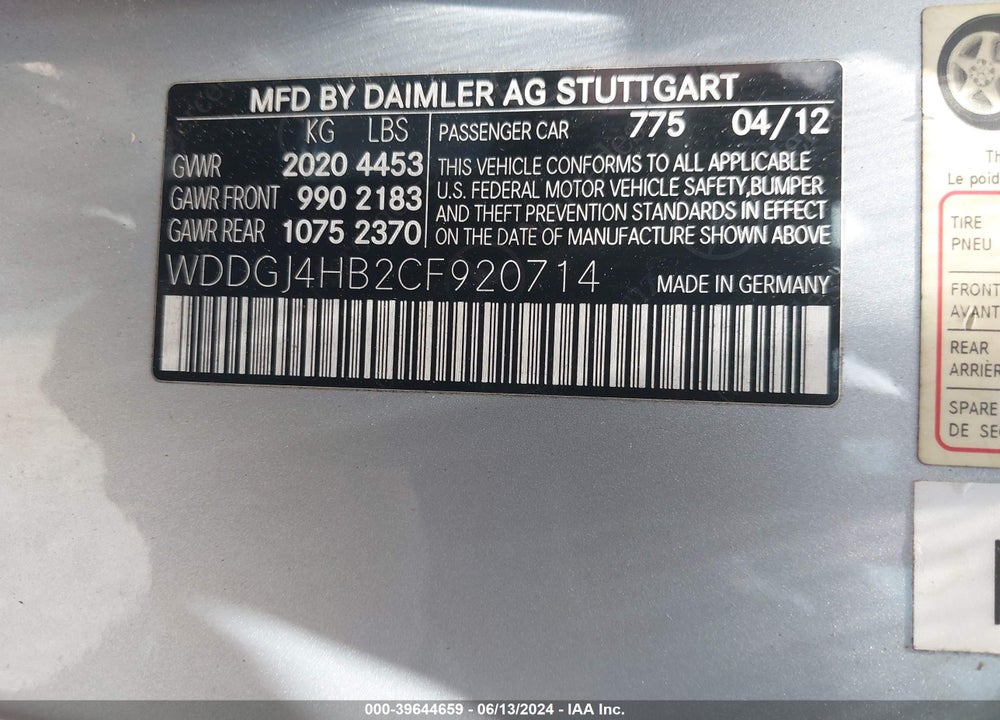 2012 MERCEDES-BENZ C 250 VIN: WDDGJ4HB2CF920714