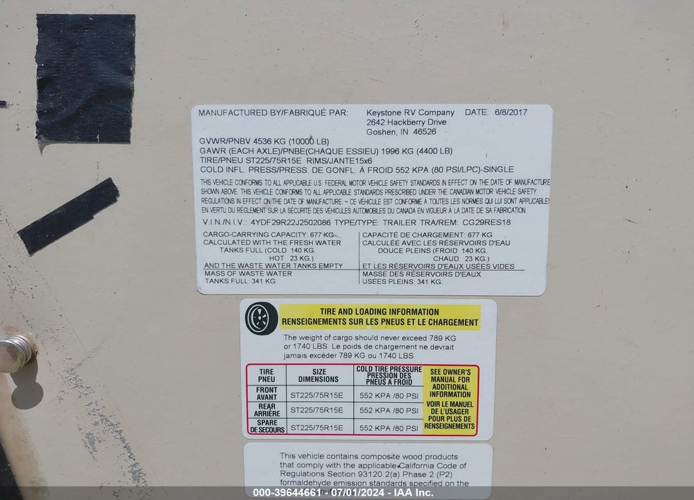 2018 KEYSTONE COUGAR VIN: 4YDF29R22J2502086
