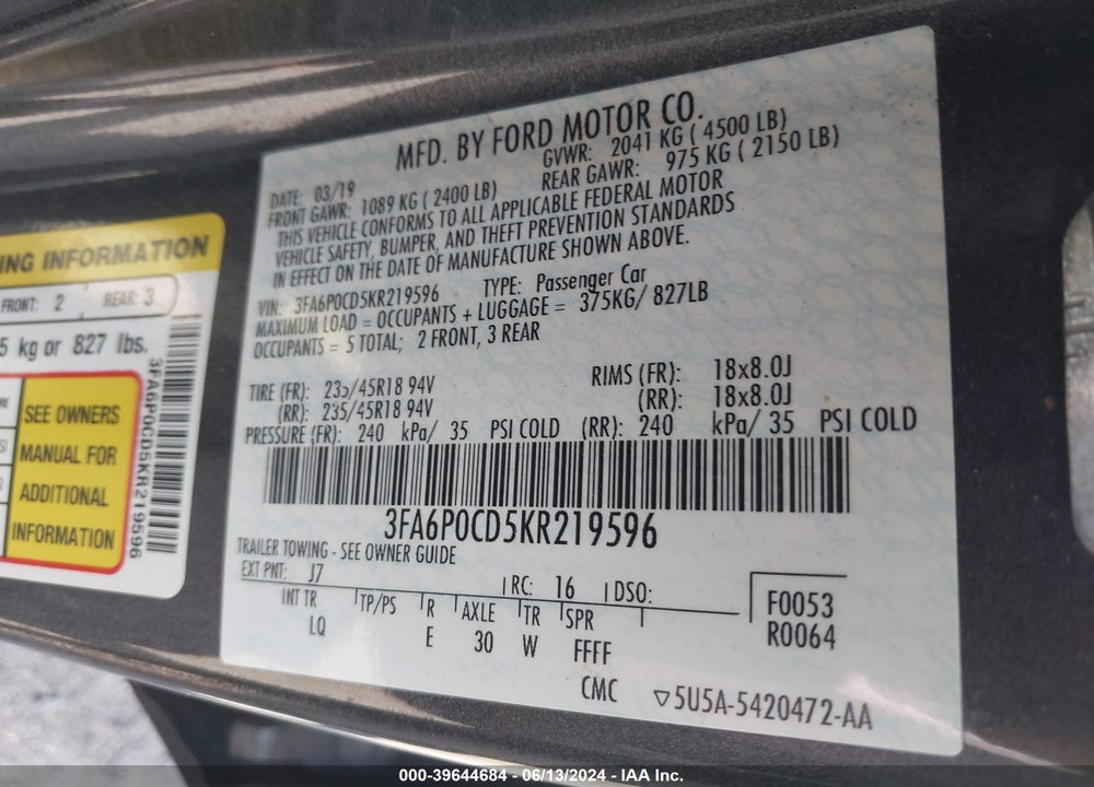 2019 FORD FUSION SEL VIN: 3FA6P0CD5KR219596