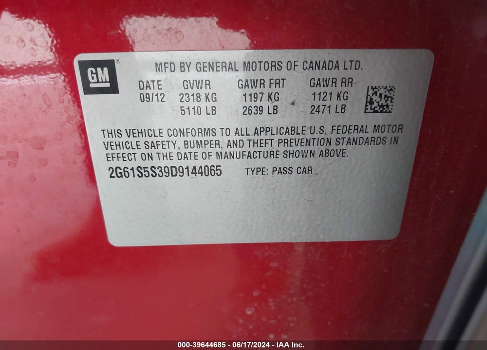 2013 CADILLAC XTS PREMIUM VIN: 2G61S5S39D9144065