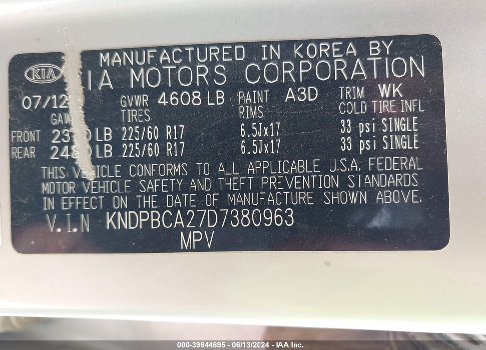 2013 KIA SPORTAGE LX VIN: KNDPBCA27D7380963