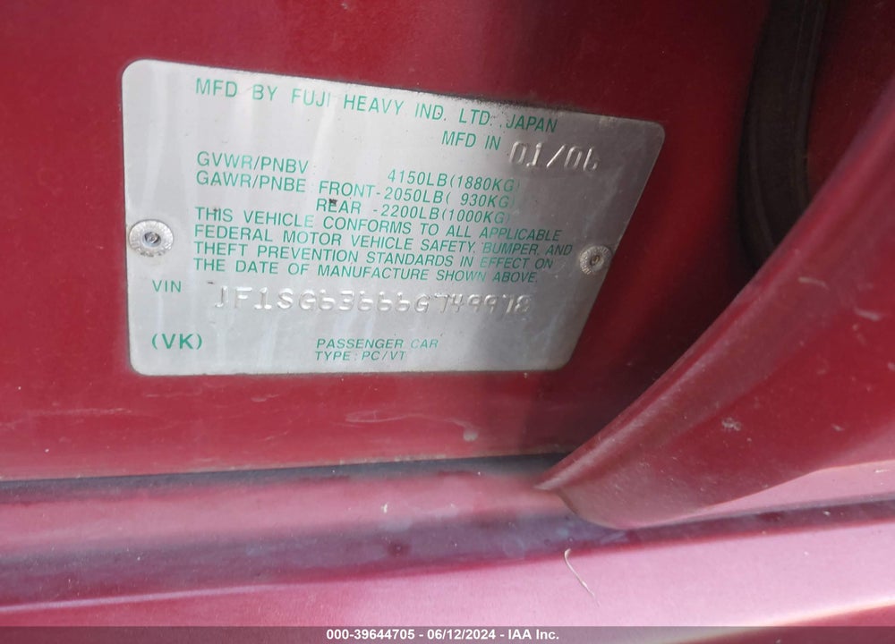 2006 SUBARU FORESTER 2.5X VIN: JF1SG63666G749978