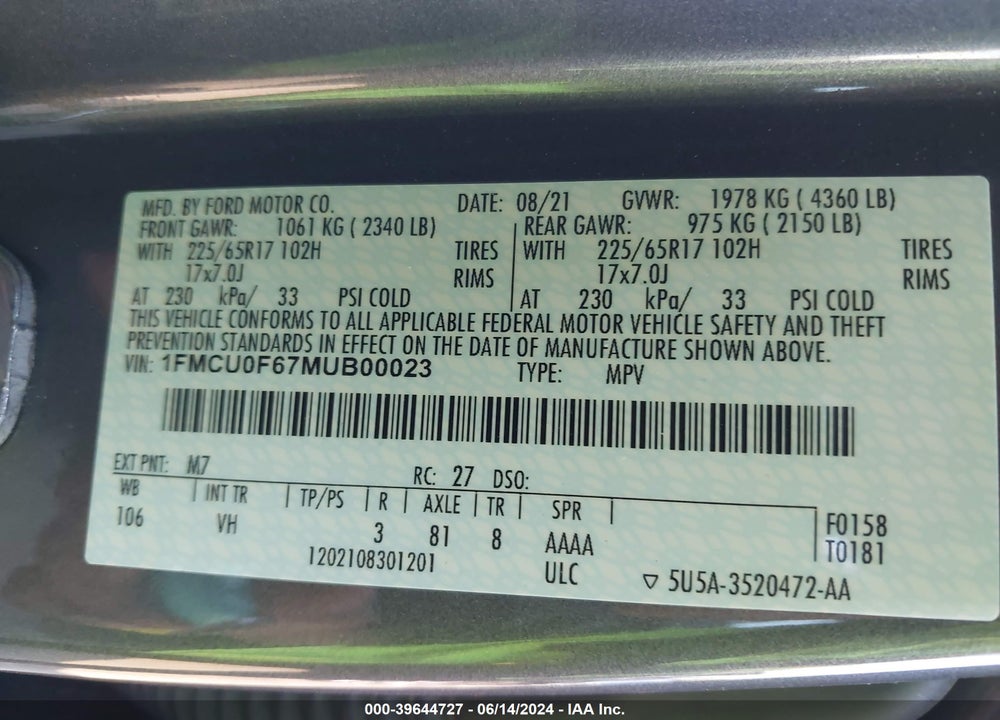 2021 FORD ESCAPE S VIN: 1FMCU0F67MUB00023
