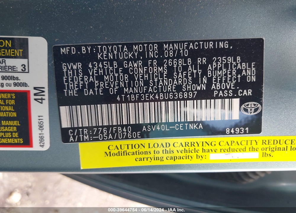 2011 TOYOTA CAMRY LE VIN: 4T1BF3EK4BU636897