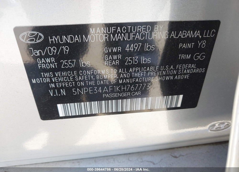 2019 HYUNDAI SONATA SEL VIN: 5NPE34AF1KH767773