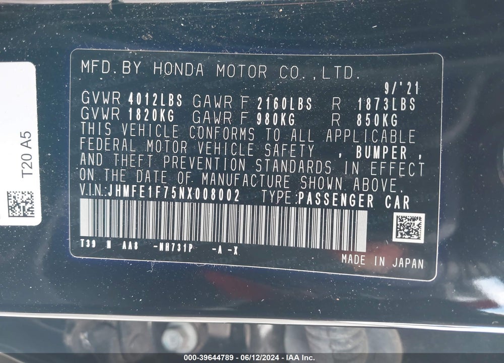 2022 HONDA CIVIC EX VIN: JHMFE1F75NX008002