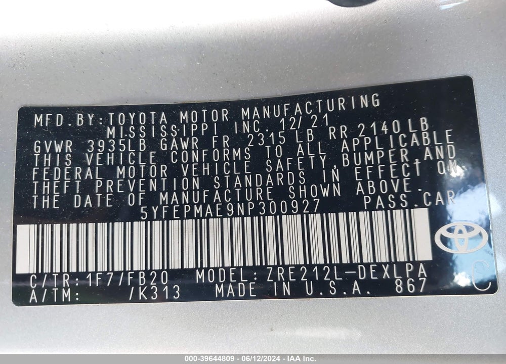 2022 TOYOTA COROLLA LE VIN: 5YFEPMAE9NP300927
