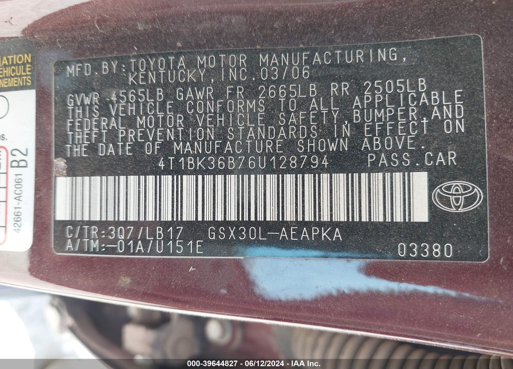 2006 TOYOTA AVALON VIN: 4T1BK36B76U128794