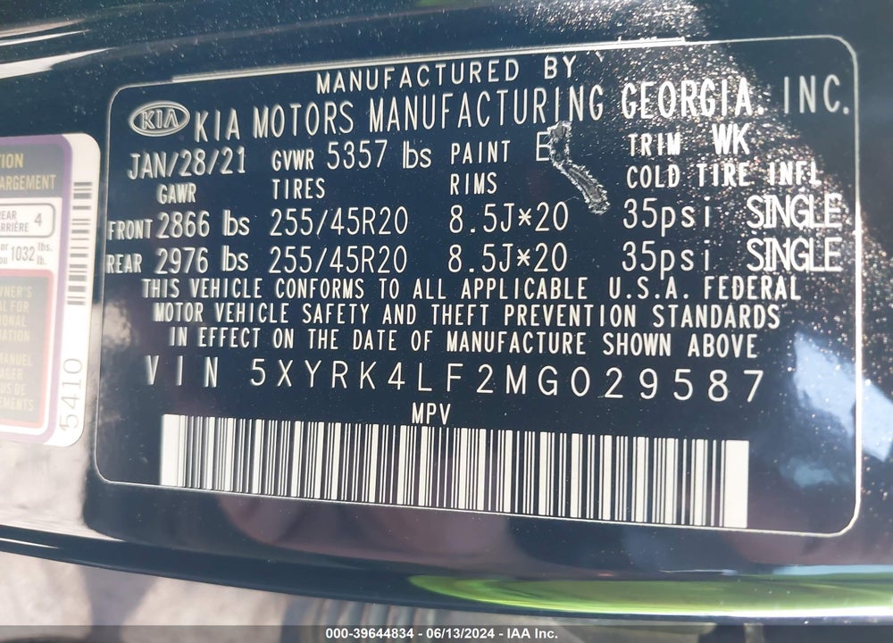2021 KIA SORENTO SX VIN: 5XYRK4LF2MG029587