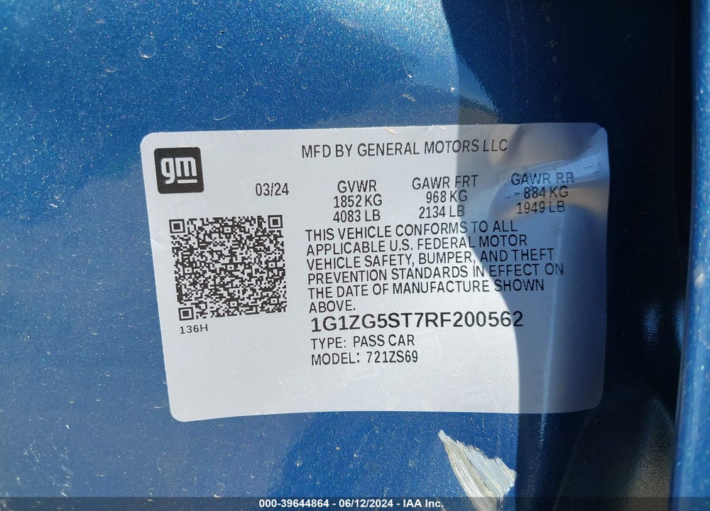 2024 CHEVROLET MALIBU RS VIN: 1G1ZG5ST7RF200562