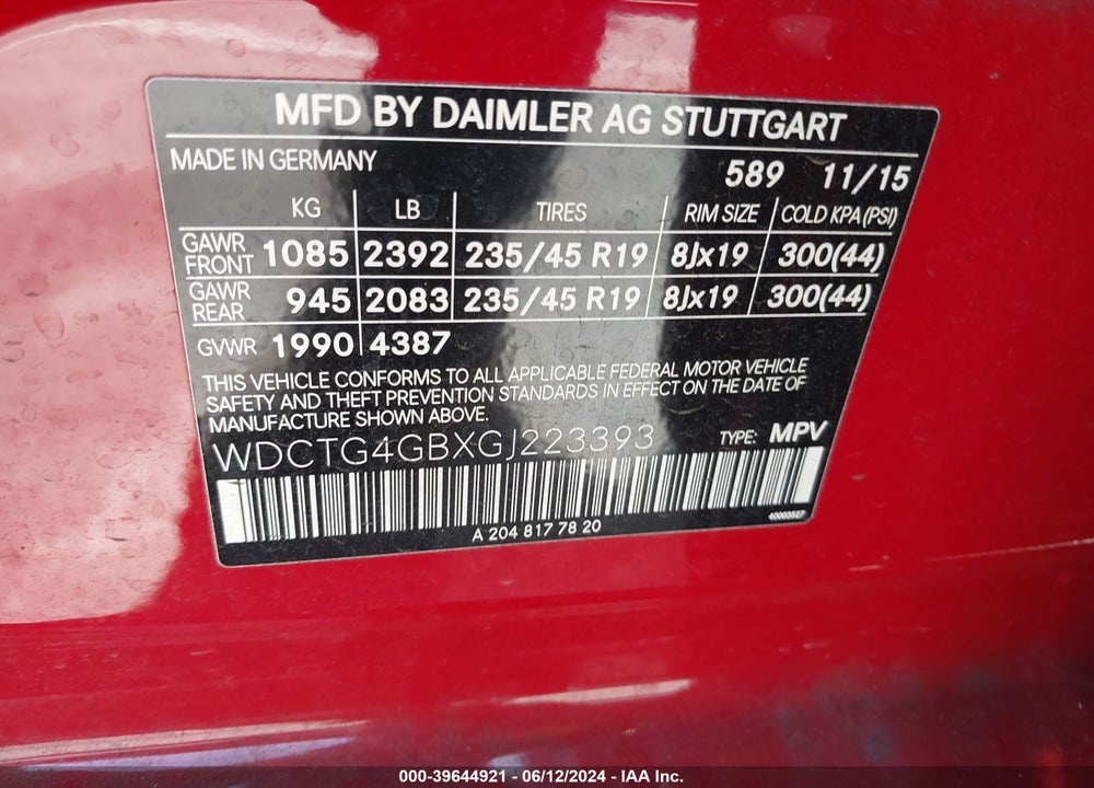 2016 MERCEDES-BENZ GLA 250 4MATIC VIN: WDCTG4GBXGJ223393