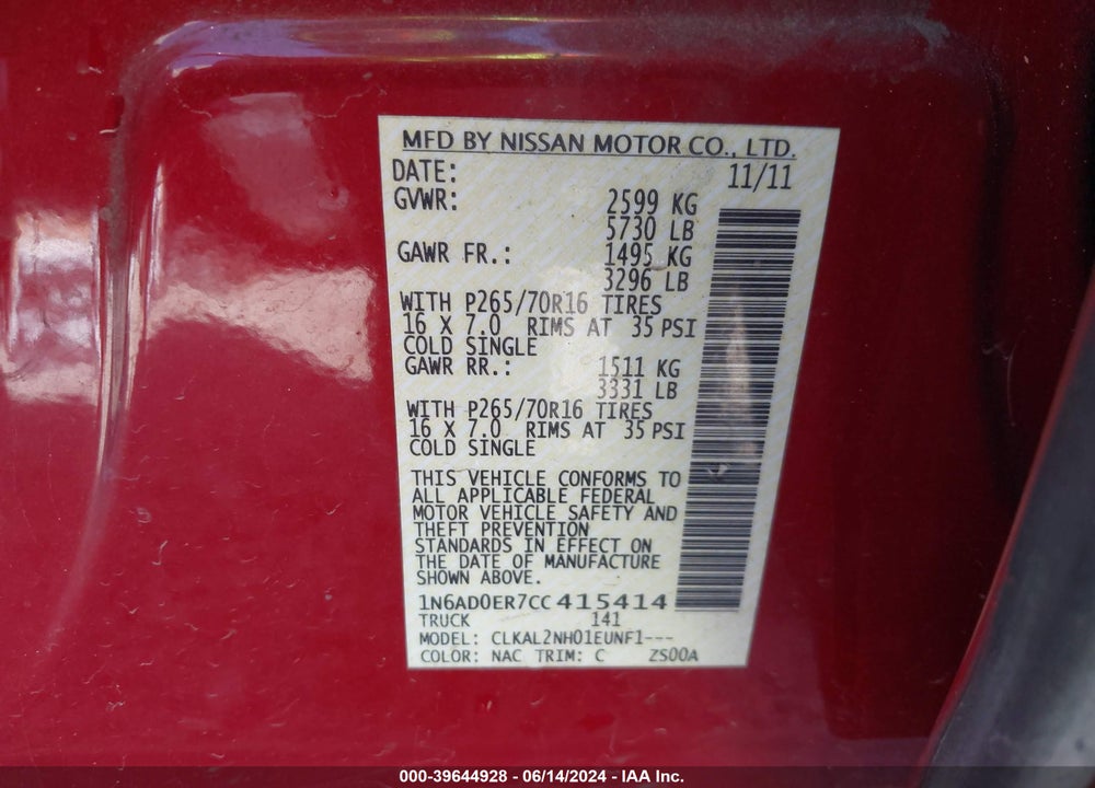 2012 NISSAN FRONTIER SV VIN: 1N6AD0ER7CC415414