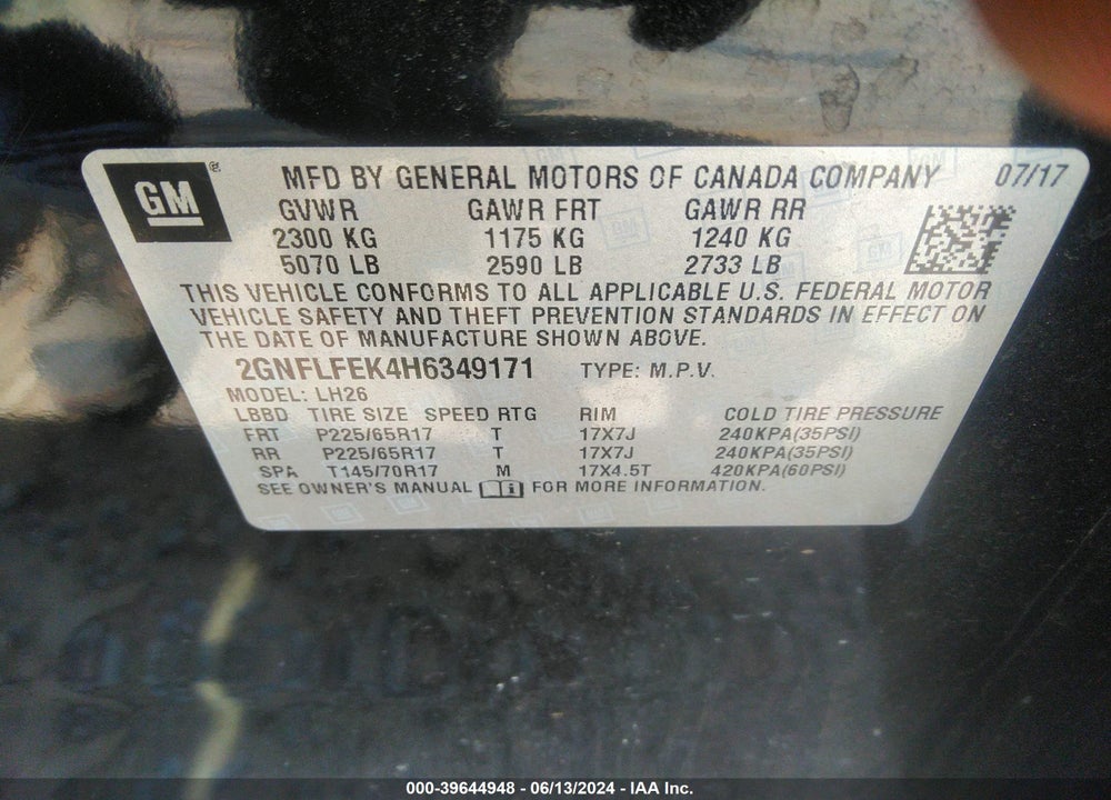 2017 CHEVROLET EQUINOX LT VIN: 2GNFLFEK4H6349171