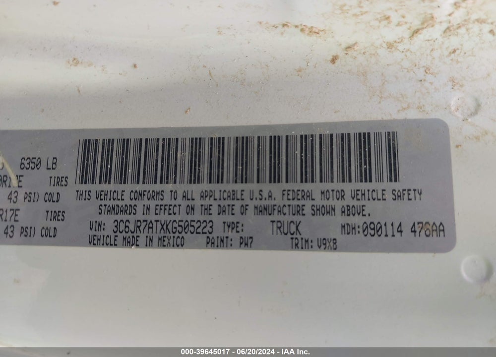 2019 RAM 1500 CLASSIC VIN: 3C6JR7ATXKG505223