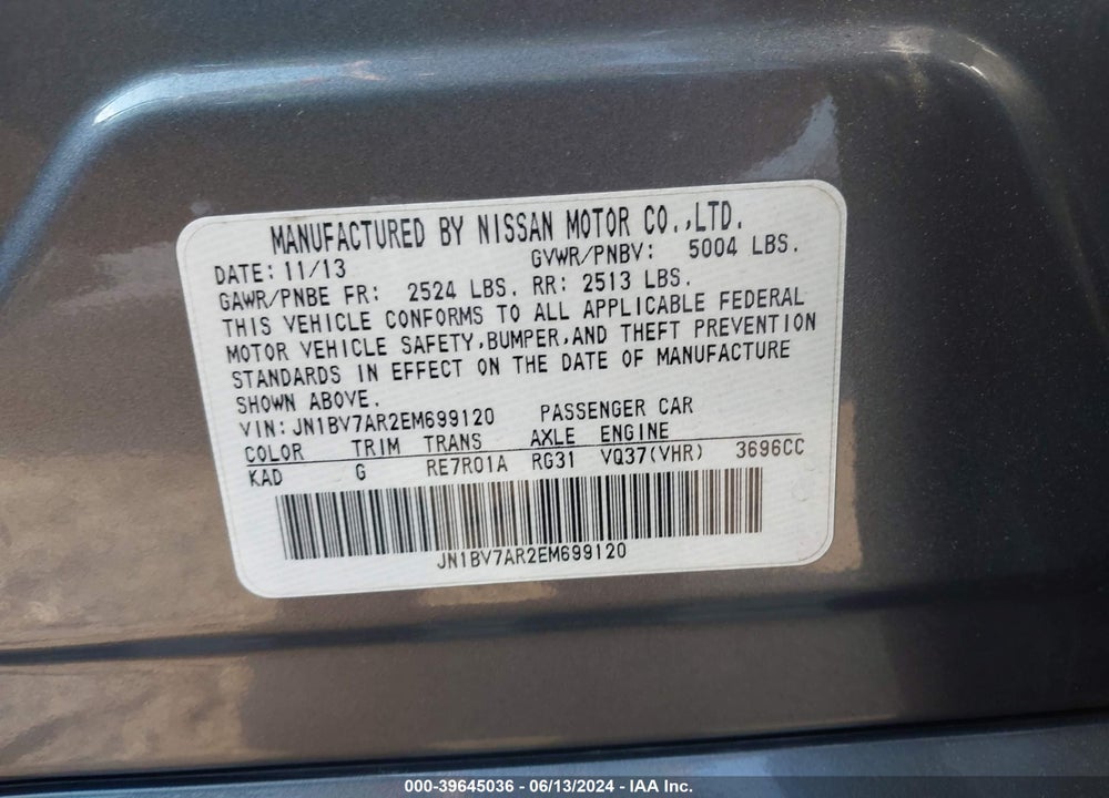 2014 INFINITI Q50 PREMIUM VIN: JN1BV7AR2EM699120