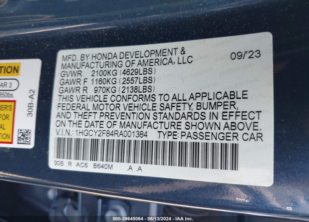 2024 HONDA ACCORD HYBRID TOURING VIN: 1HGCY2F84RA001384