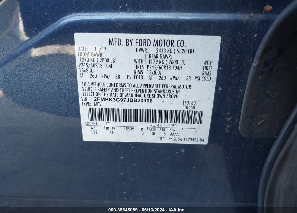 2018 FORD EDGE SE VIN: 2FMPK3G97JBB20906