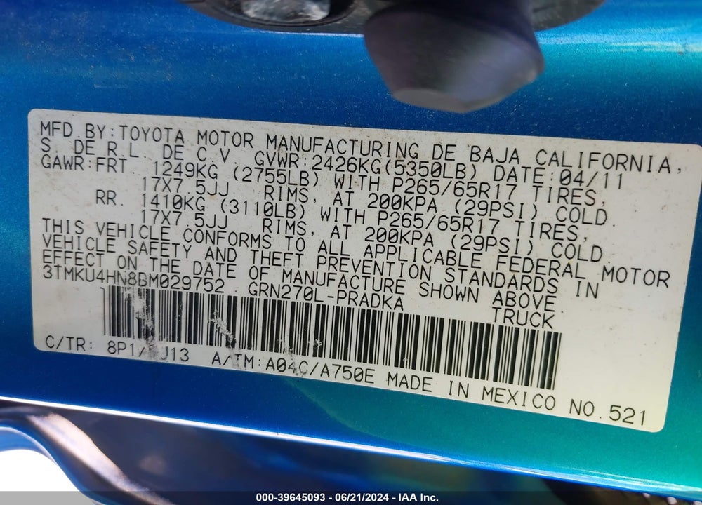 2011 TOYOTA TACOMA PRERUNNER V6 VIN: 3TMKU4HN8BM029752