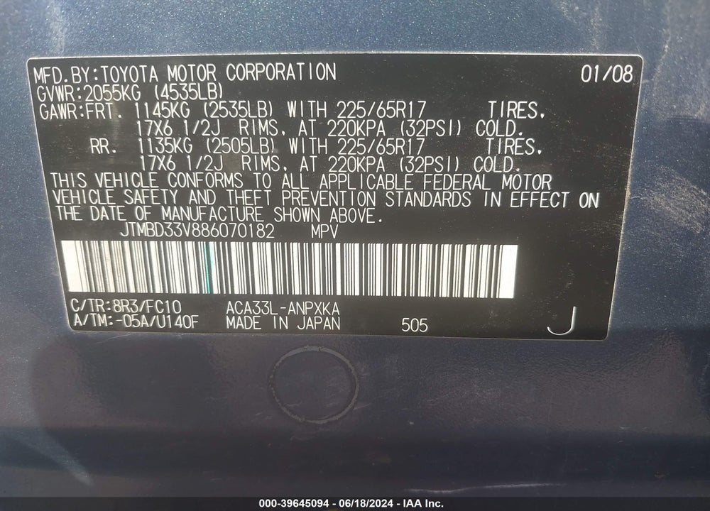 2008 TOYOTA RAV4 VIN: JTMBD33V886070182
