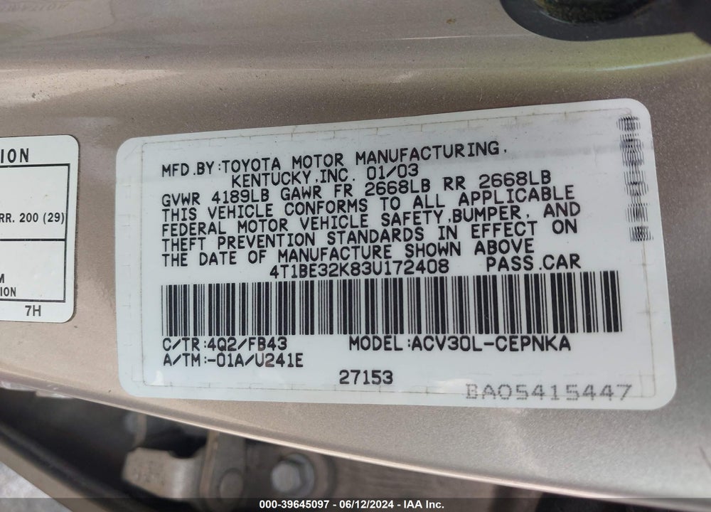 2003 TOYOTA CAMRY VIN: 4T1BE32K83U172408
