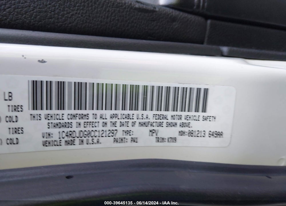 2012 DODGE DURANGO CREW VIN: 1C4RDJDG0CC121297