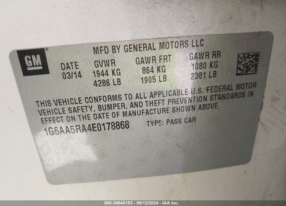 2014 CADILLAC ATS STANDARD VIN: 1G6AA5RA4E0178868