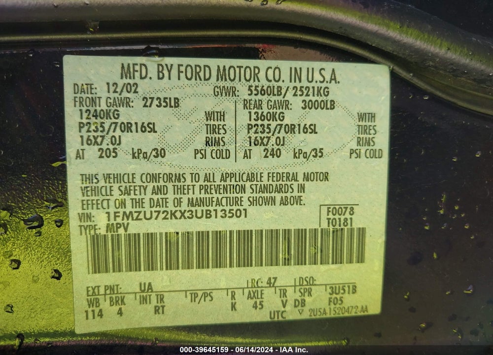 2003 FORD EXPLORER XLS VIN: 1FMZU72KX3UB13501