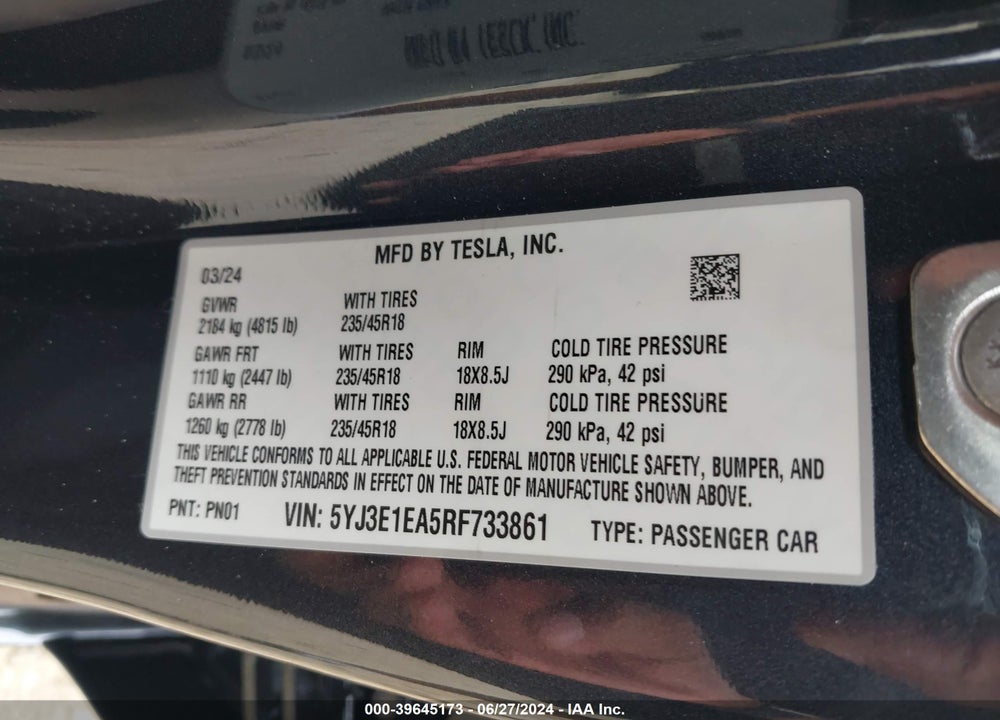2024 TESLA MODEL 3 REAR-WHEEL DRIVE VIN: 5YJ3E1EA5RF733861