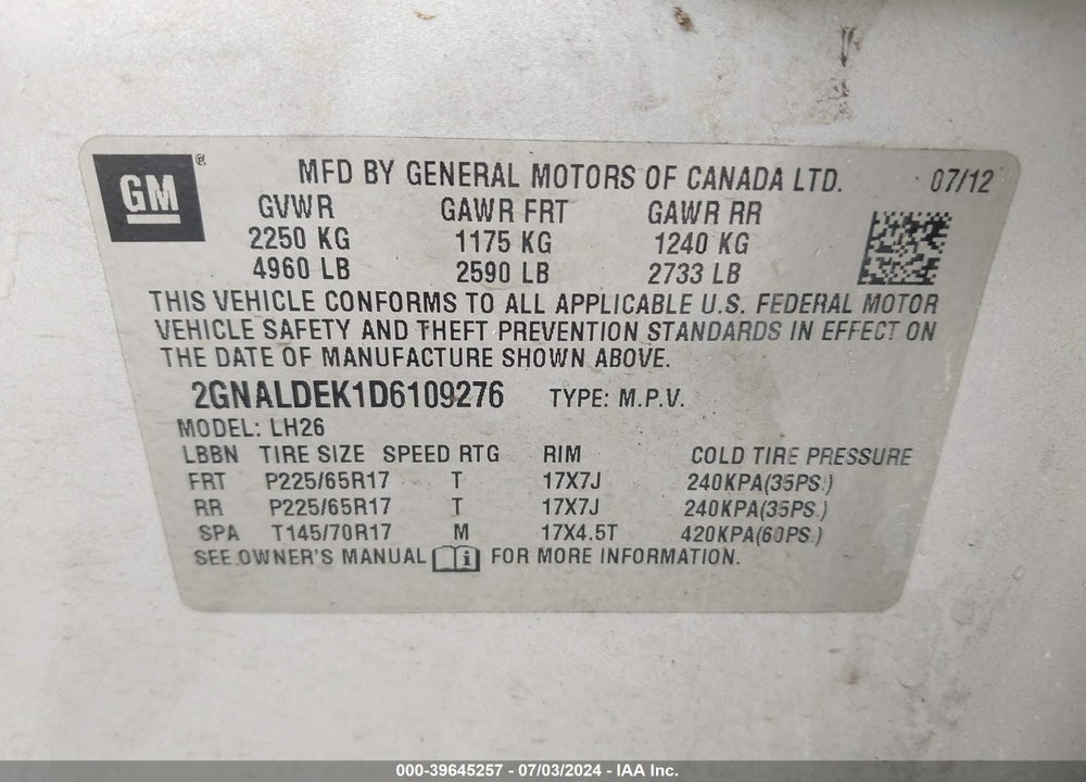 2013 CHEVROLET EQUINOX 1LT VIN: 2GNALDEK1D6109276
