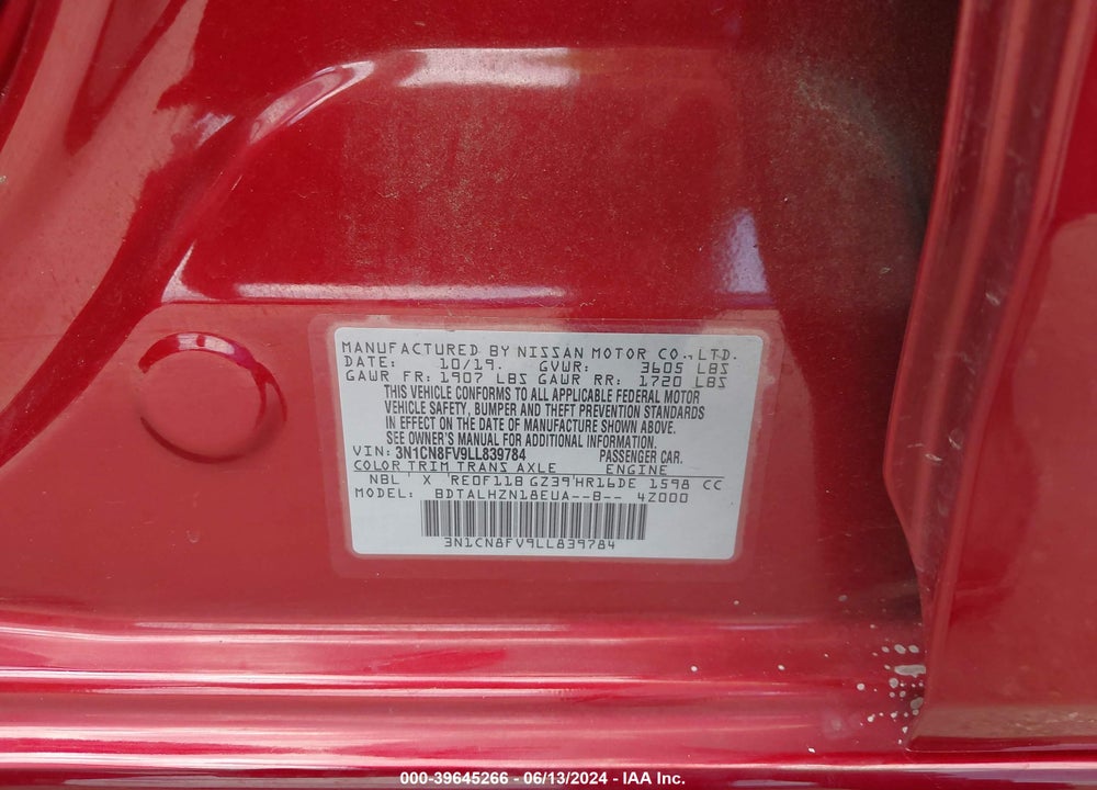 2020 NISSAN VERSA SR XTRONIC CVT VIN: 3N1CN8FV9LL839784