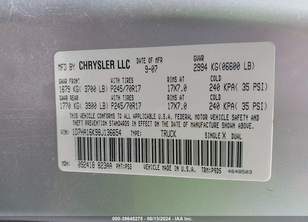2008 DODGE RAM 1500 ST/SXT VIN: 1D7HA16K98J136654