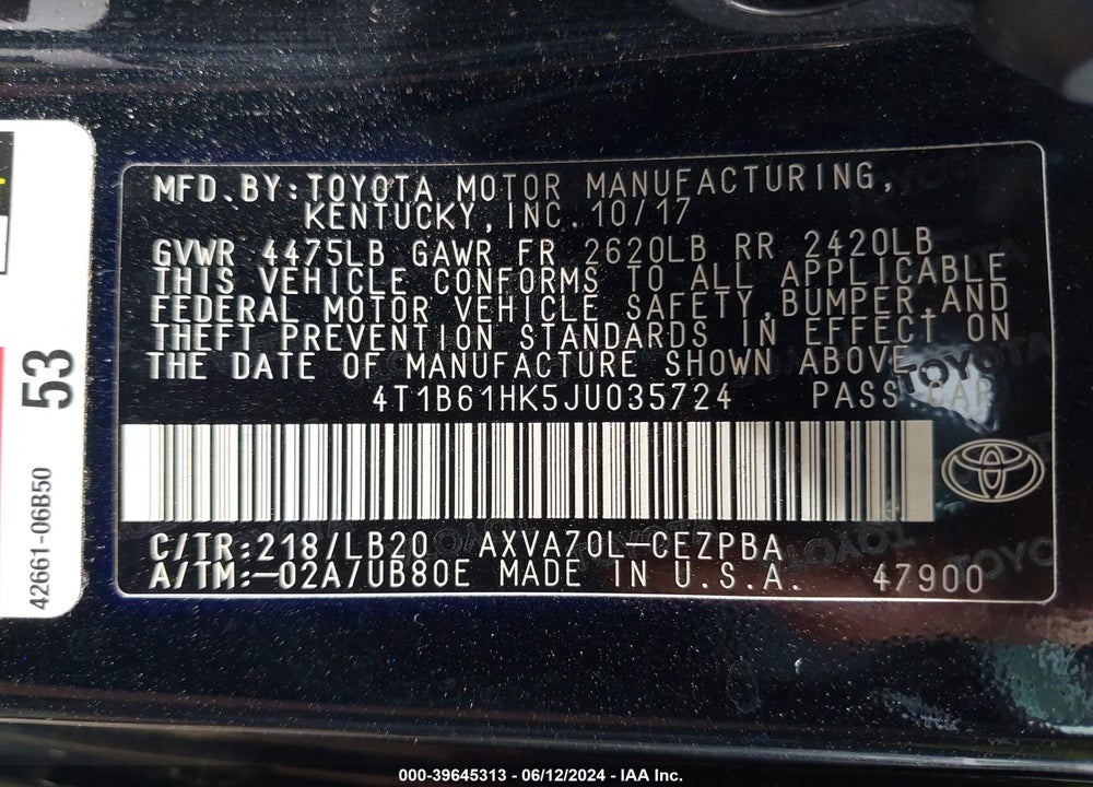 2018 TOYOTA CAMRY XSE VIN: 4T1B61HK5JU035724