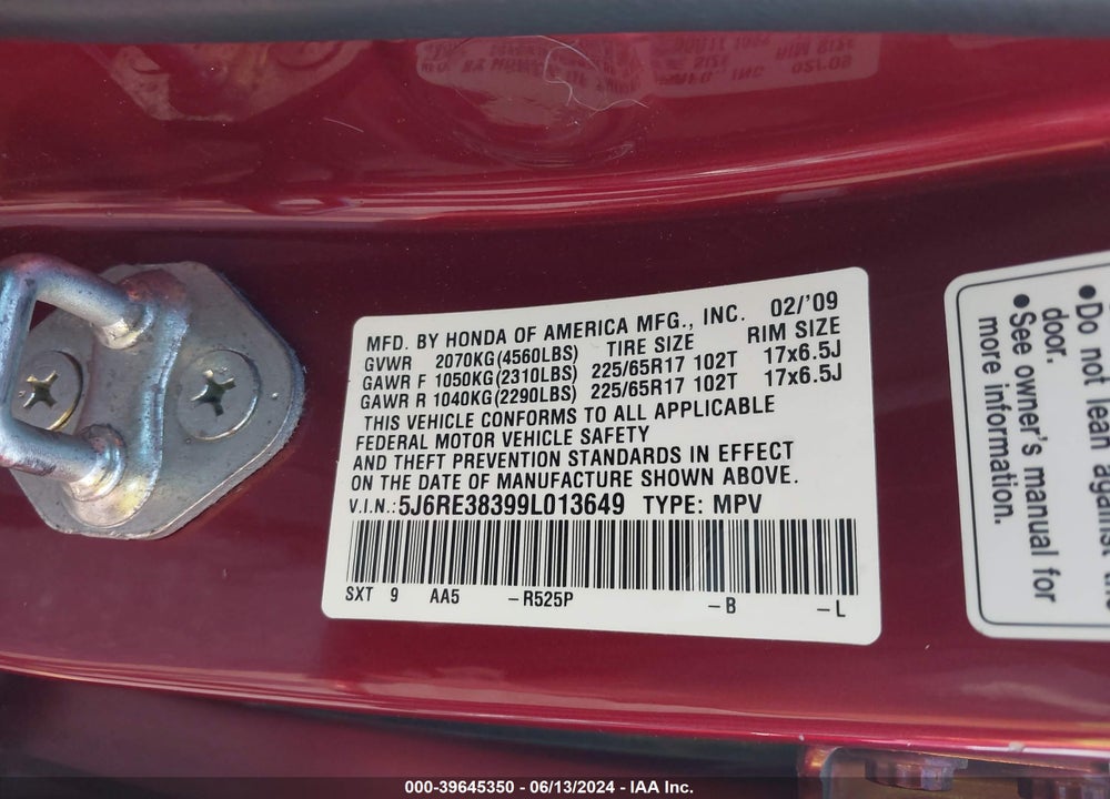 2009 HONDA CR-V LX VIN: 5J6RE38399L013649