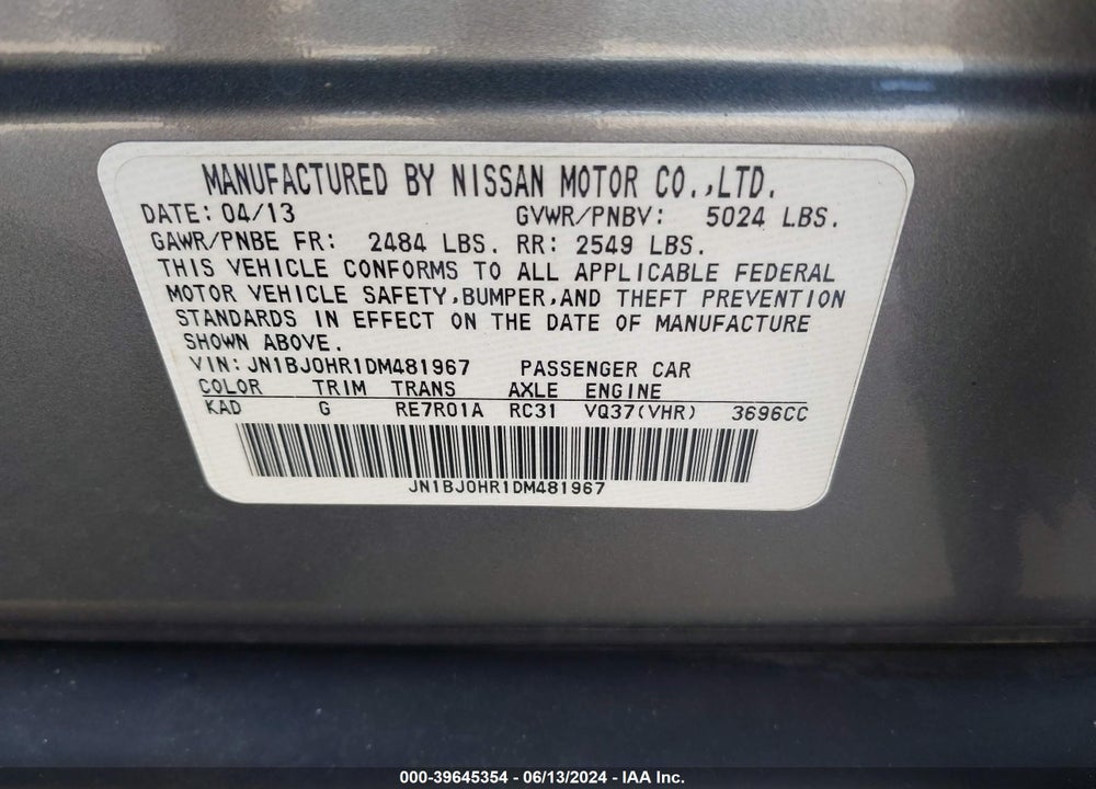 2013 INFINITI EX37 JOURNEY VIN: JN1BJ0HR1DM481967