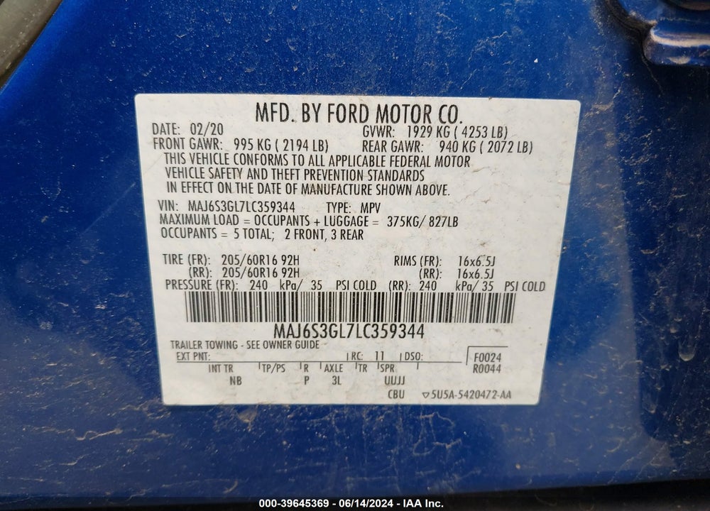 2020 FORD ECOSPORT SE VIN: MAJ6S3GL7LC359344