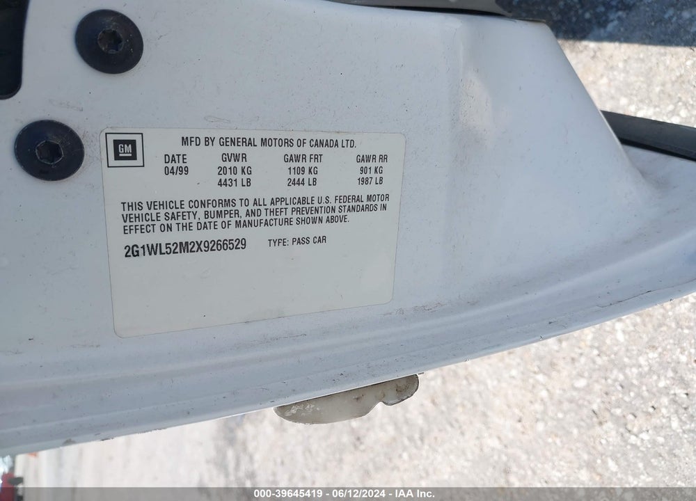 1999 CHEVROLET LUMINA VIN: 2G1WL52M2X9266529