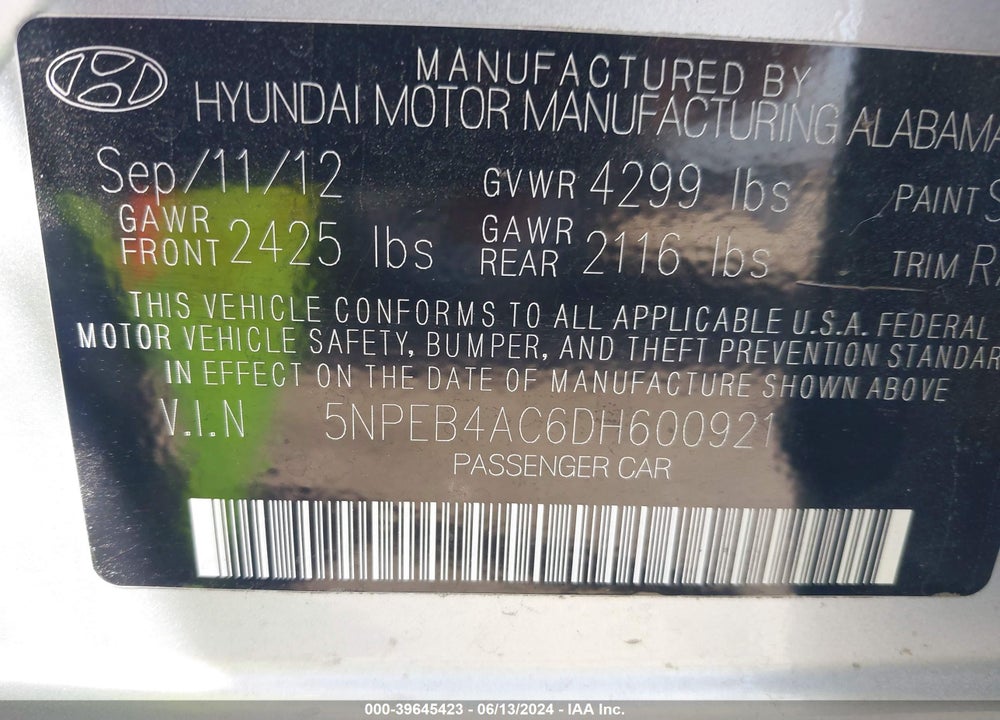 2013 HYUNDAI SONATA GLS VIN: 5NPEB4AC6DH600921
