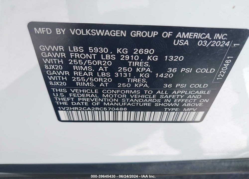 2024 VOLKSWAGEN ATLAS 2.0T SE W/TECHNOLOGY VIN: 1V2HR2CA2RC570486