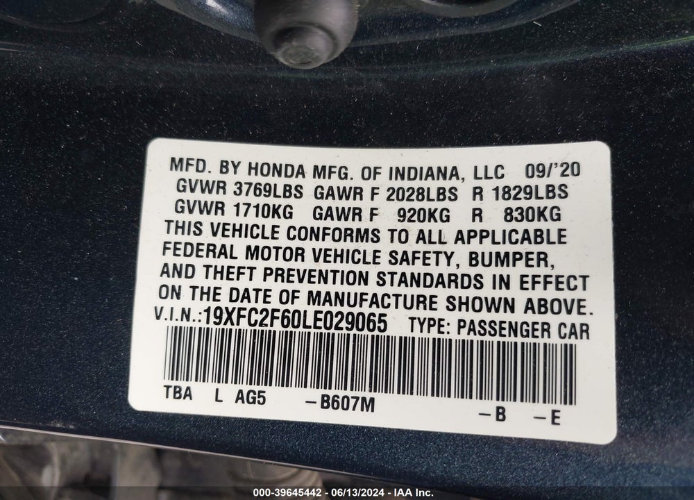 2020 HONDA CIVIC LX VIN: 19XFC2F60LE029065