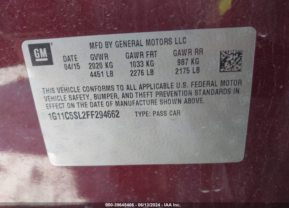 2015 CHEVROLET MALIBU 1LT VIN: 1G11C5SL2FF294662