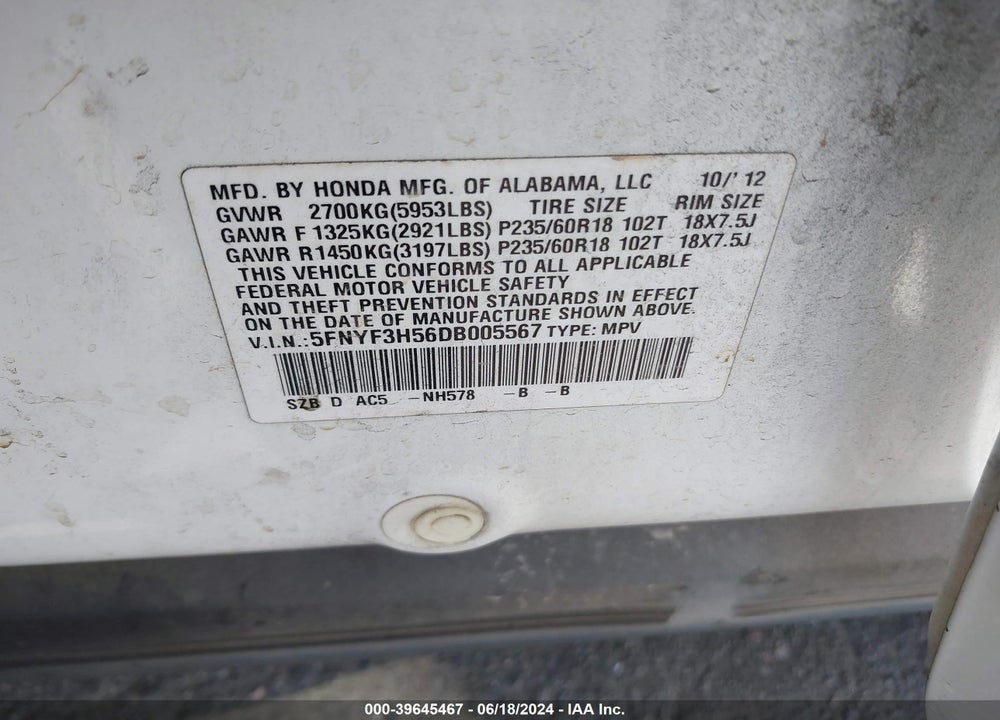 2013 HONDA PILOT EX-L VIN: 5FNYF3H56DB005567
