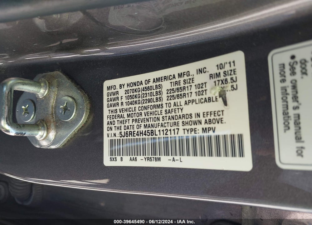 2011 HONDA CR-V SE VIN: 5J6RE4H45BL112117