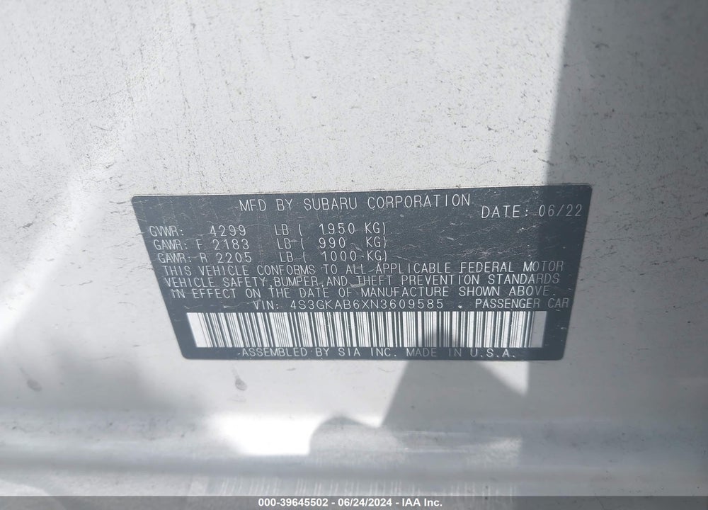 2022 SUBARU IMPREZA BASE VIN: 4S3GKAB6XN3609585